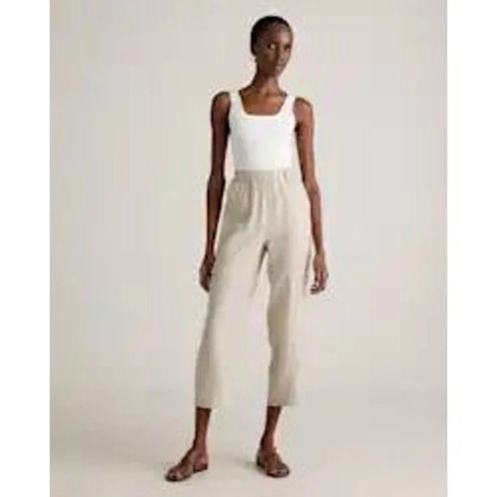 Quince European Linen Straight Leg Pants Beige Elastic Waist Size Medium Womens